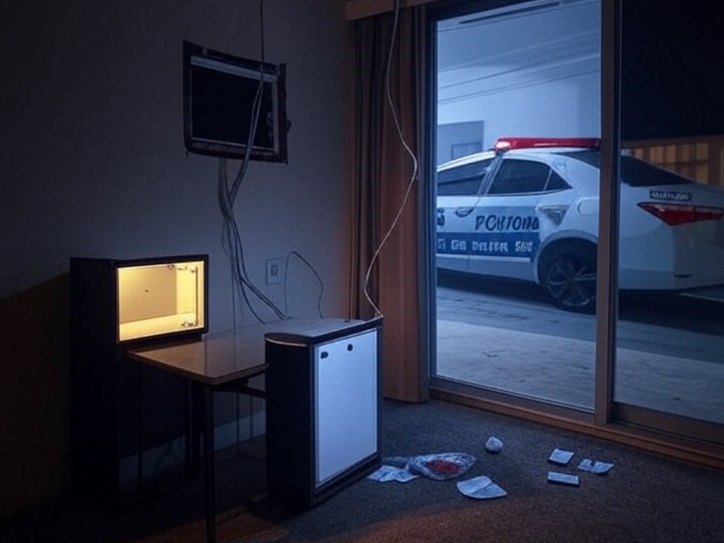 Viatura da Polícia Militar em frente a motel no Núcleo Bandeirante, Brasília, após tentativa de furto de TV e itens de frigobar.