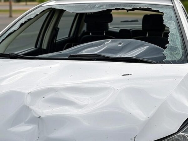 Viatura policial brasileira danificada em acidente, simbolizando custos ao Estado e déficit público.