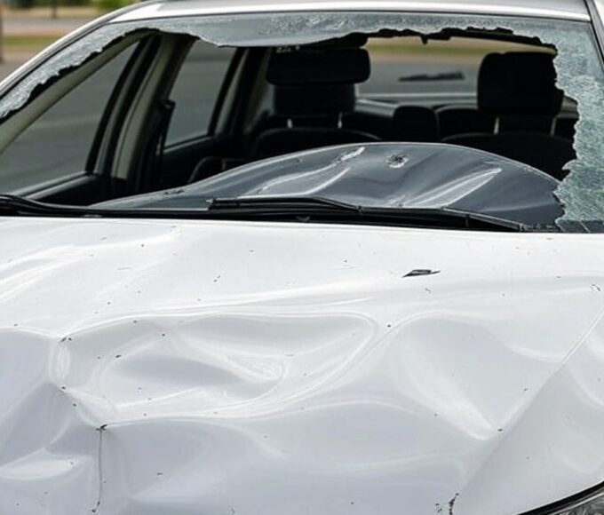 Viatura policial brasileira danificada em acidente, simbolizando custos ao Estado e déficit público.