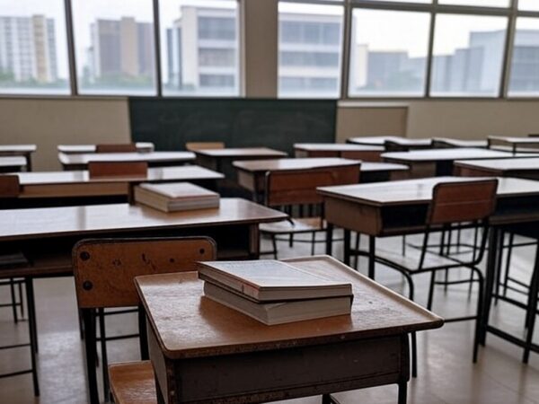 Sala de aula vazia em escola no Distrito Federal, representando lei de treinamento de professores para detectar abusos e falhas no sistema.