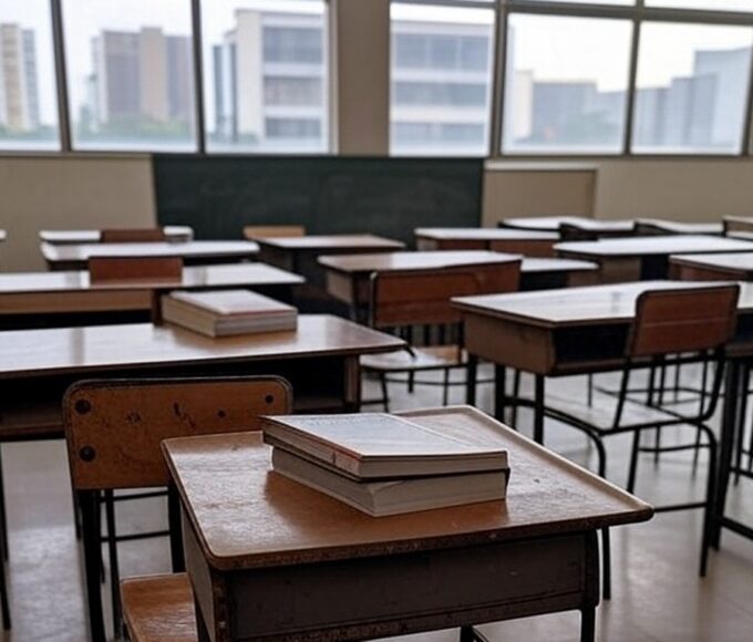 Sala de aula vazia em escola no Distrito Federal, representando lei de treinamento de professores para detectar abusos e falhas no sistema.