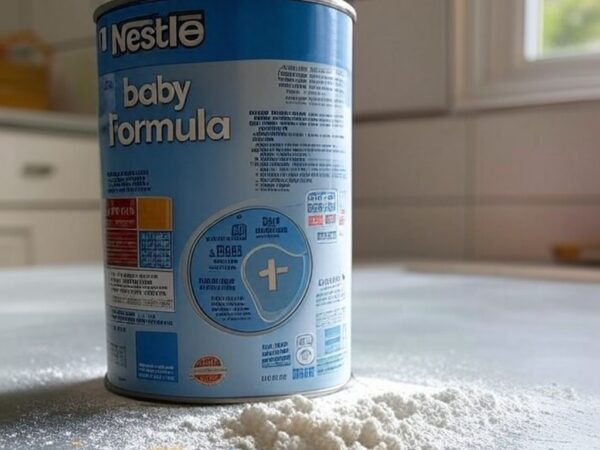 Lata de fórmula infantil Nestlé com contaminação sugerida em cozinha de Brasília, DF.