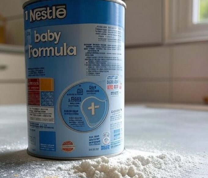 Lata de fórmula infantil Nestlé com contaminação sugerida em cozinha de Brasília, DF.