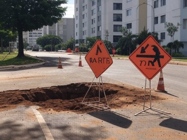 Rua na Asa Norte com sinalização de manutenção em tubulações de água, Brasília.