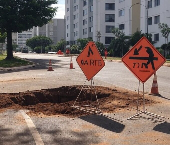 Rua na Asa Norte com sinalização de manutenção em tubulações de água, Brasília.