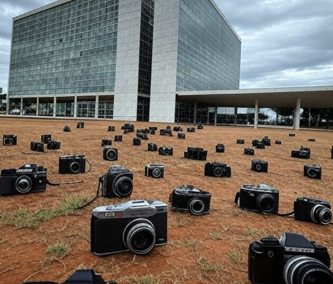 Edifício da CLDF em Brasília sob céu nublado, com câmeras fotográficas simbolizando concurso em meio a crises e críticas.