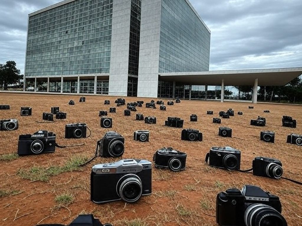 Edifício da CLDF em Brasília sob céu nublado, com câmeras fotográficas simbolizando concurso em meio a crises e críticas.