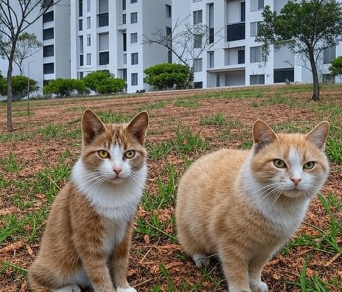 Condomínio em Brasília com animais abandonados em área comum, ilustrando proteção contra punições no DF.