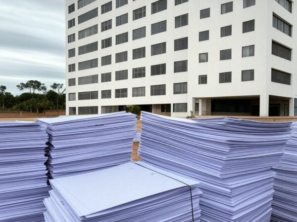 Fachada do Hospital de Base em Brasília com documentos de edital de licitação em primeiro plano, destacando priorização de preço sobre qualidade.