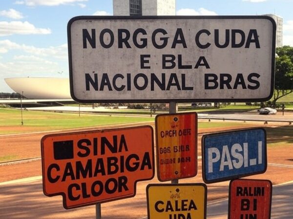 Placas de sinalização e históricas em Brasília, com arquitetura icônica ao fundo, destacando investimento do GDF questionado.