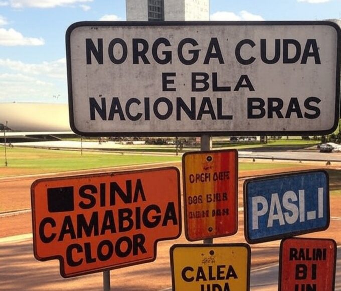 Placas de sinalização e históricas em Brasília, com arquitetura icônica ao fundo, destacando investimento do GDF questionado.