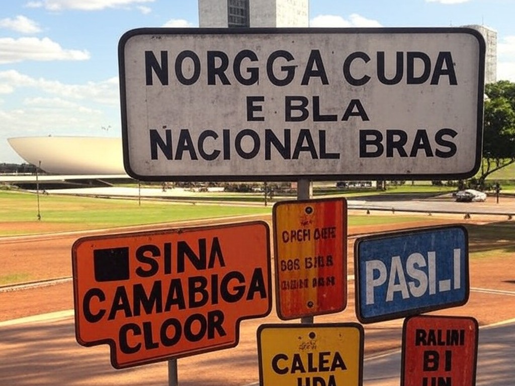 Placas de sinalização e históricas em Brasília, com arquitetura icônica ao fundo, destacando investimento do GDF questionado.