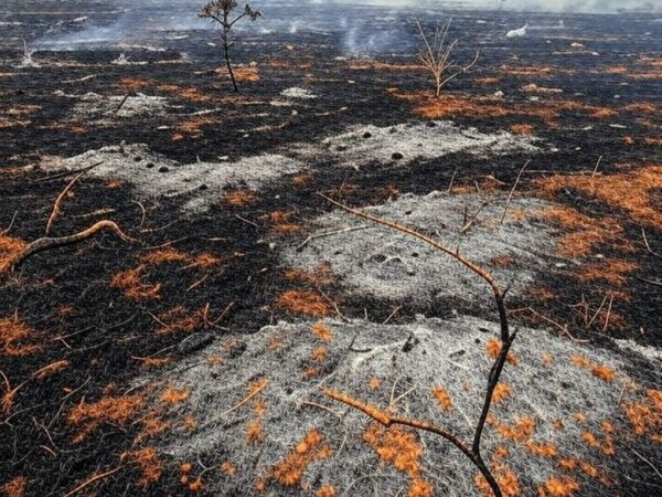 Área de cerrado no DF com vegetação queimada e fumaça, destacando atraso na lei contra queimadas.