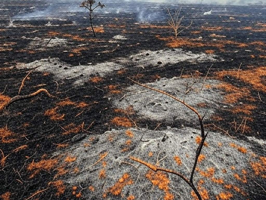 Área de cerrado no DF com vegetação queimada e fumaça, destacando atraso na lei contra queimadas.