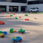 Fachada de creche no Distrito Federal com viatura policial, representando caso de agressão a crianças.