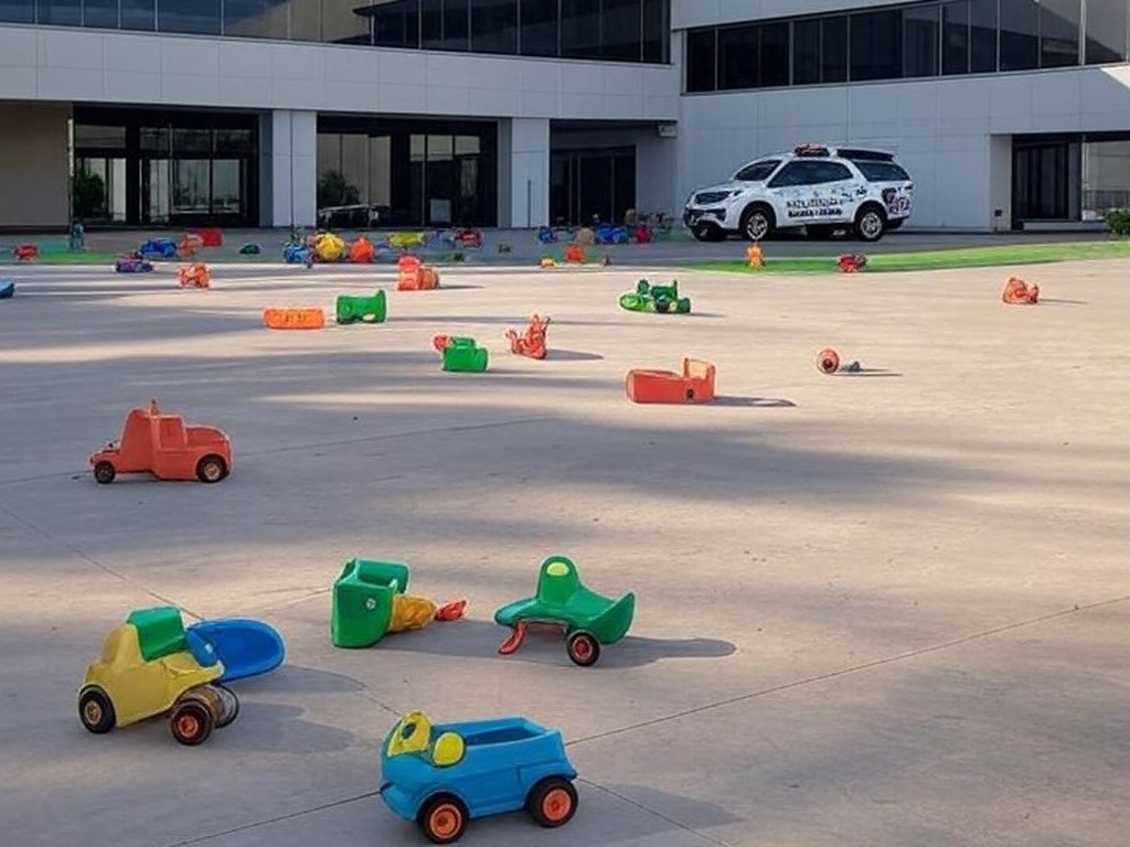Fachada de creche no Distrito Federal com viatura policial, representando caso de agressão a crianças.