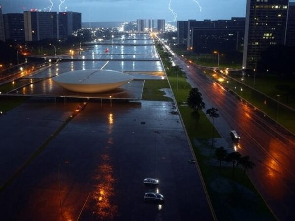 Chuva intensa em Brasília com nuvens escuras, raios e ruas alagadas na Esplanada dos Ministérios.