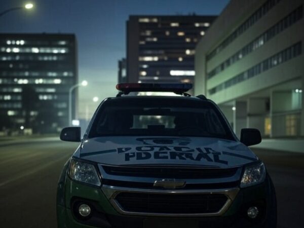 Viatura da Polícia Militar do DF em rua vazia de Brasília, representando cena de violência urbana no Distrito Federal.