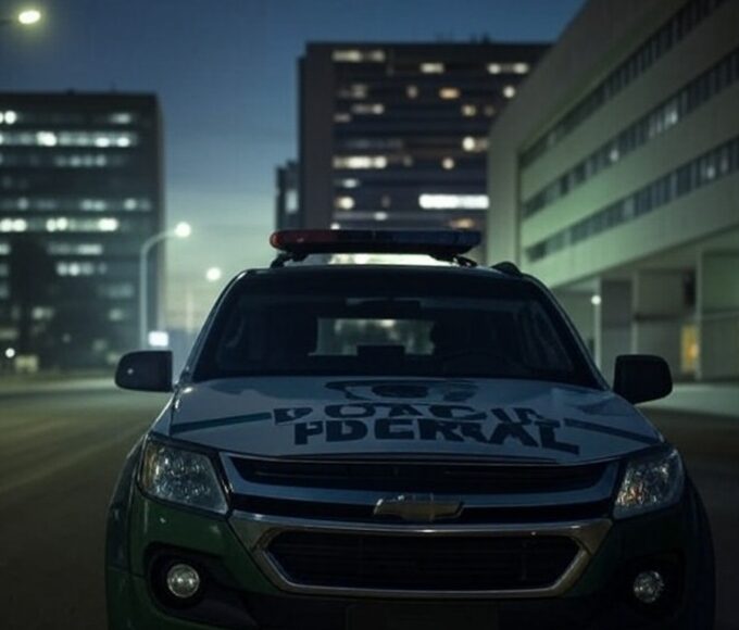 Viatura da Polícia Militar do DF em rua vazia de Brasília, representando cena de violência urbana no Distrito Federal.