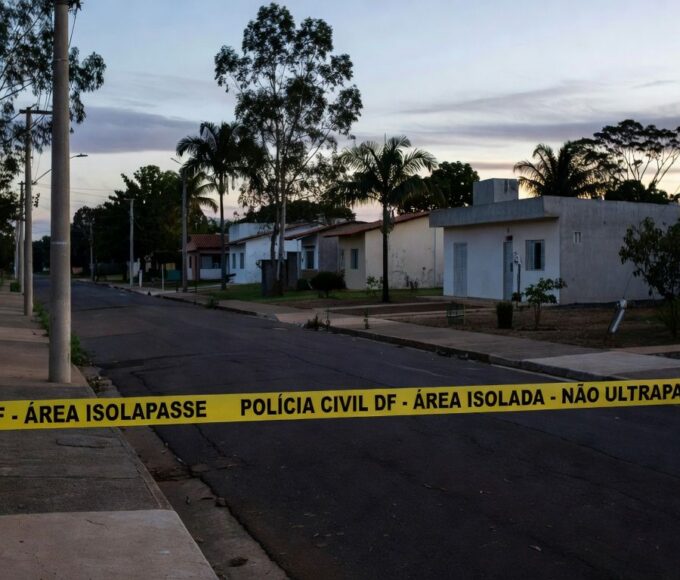 Rua em Sobradinho com fita de isolamento policial, representando local de briga fatal no Distrito Federal.