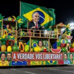 Carro alegórico de escola de samba no Sambódromo do Rio, com temas políticos, em foto realista.