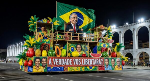Carro alegórico de escola de samba no Sambódromo do Rio, com temas políticos, em foto realista.