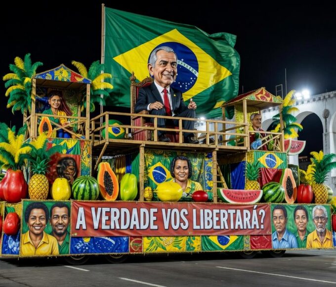 Carro alegórico de escola de samba no Sambódromo do Rio, com temas políticos, em foto realista.