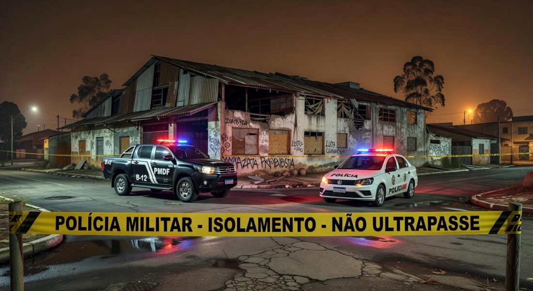 Cena noturna em Sobradinho com viaturas da polícia em local de luta clandestina, após briga que resultou em morte e prisões.