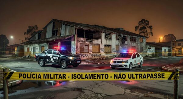 Cena noturna em Sobradinho com viaturas da polícia em local de luta clandestina, após briga que resultou em morte e prisões.