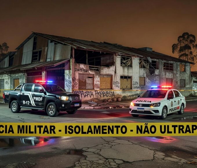 Cena noturna em Sobradinho com viaturas da polícia em local de luta clandestina, após briga que resultou em morte e prisões.