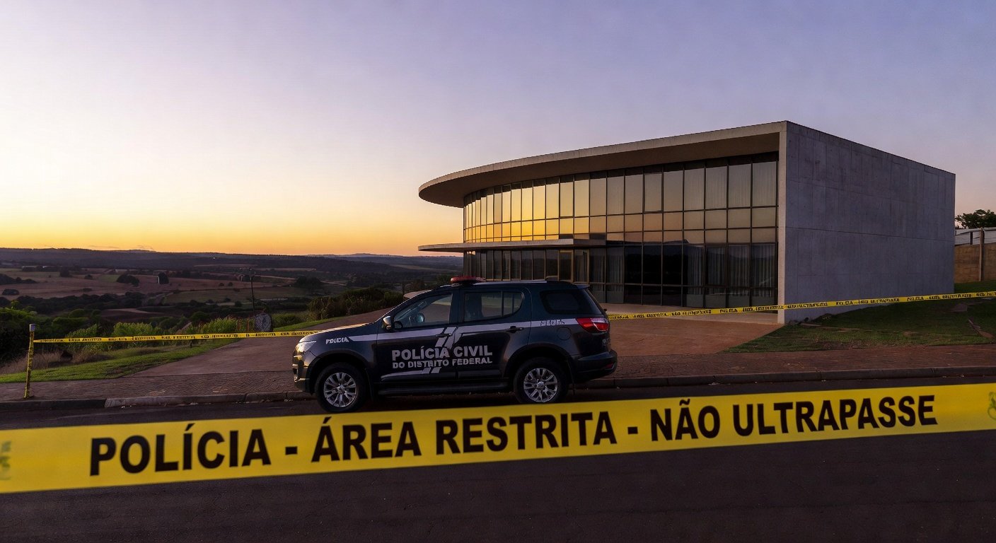 Viatura da polícia em frente a casa em Brasília, representando prisão por violência doméstica no DF.