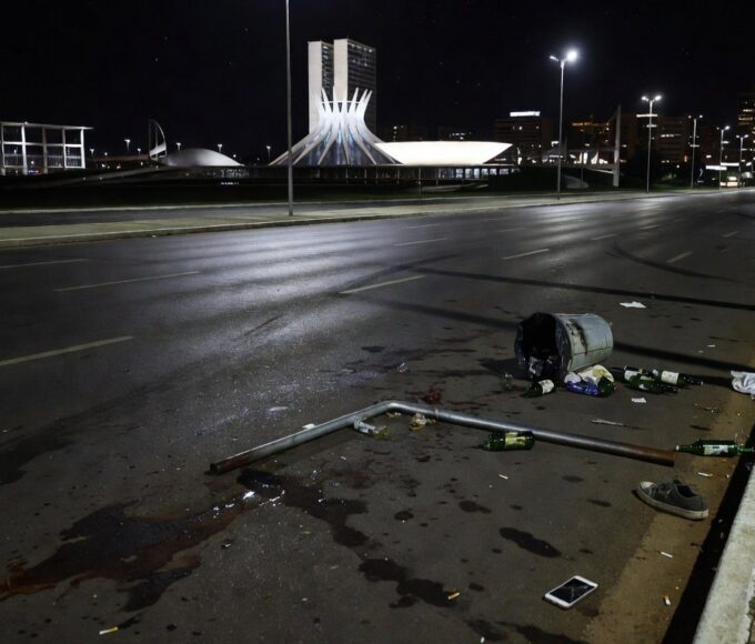 Rua vazia no Distrito Federal com marcas de briga, representando tragédia em Brasília.