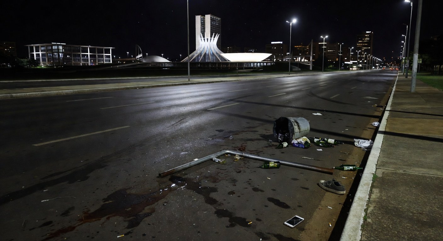 Rua vazia no Distrito Federal com marcas de briga, representando tragédia em Brasília.