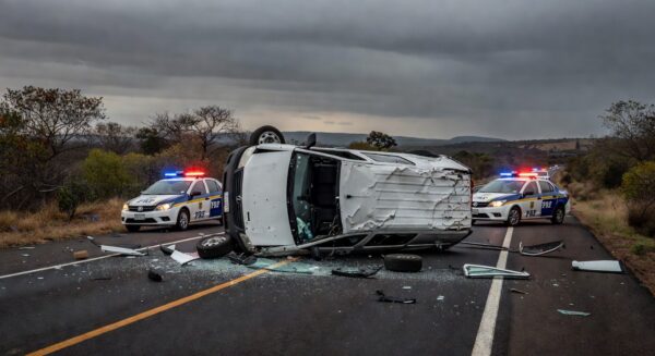 Acidente com van clandestina na BR-020, veículo tombado e viaturas policiais no local, sem pessoas.