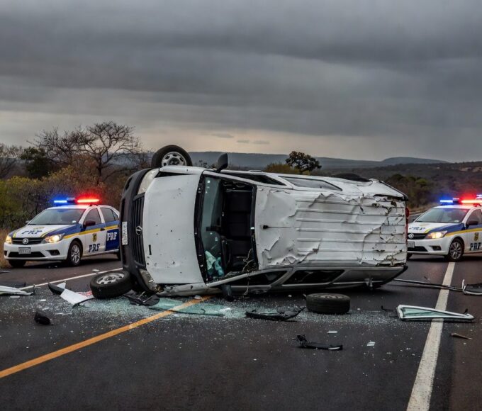 Acidente com van clandestina na BR-020, veículo tombado e viaturas policiais no local, sem pessoas.