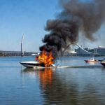 Lancha pegando fogo no Lago Paranoá, em Brasília, com fumaça e barcos de resgate dos bombeiros.