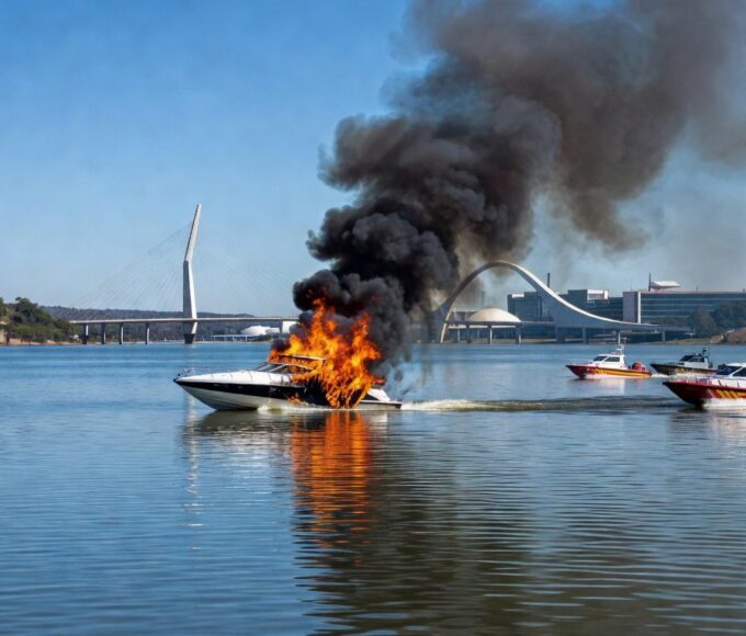 Lancha pegando fogo no Lago Paranoá, em Brasília, com fumaça e barcos de resgate dos bombeiros.