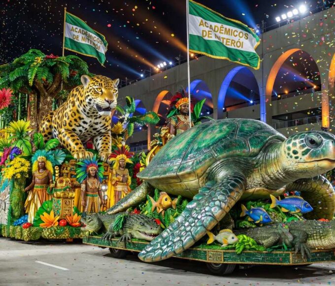 Desfile de carnaval no Sambódromo com carros alegóricos da Acadêmicos de Niterói, homenageando temas brasileiros, em ambiente festivo noturno.