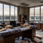 Vista da Câmara Legislativa do DF com documentos espalhados, expondo falhas na proteção a mulheres e idosos.