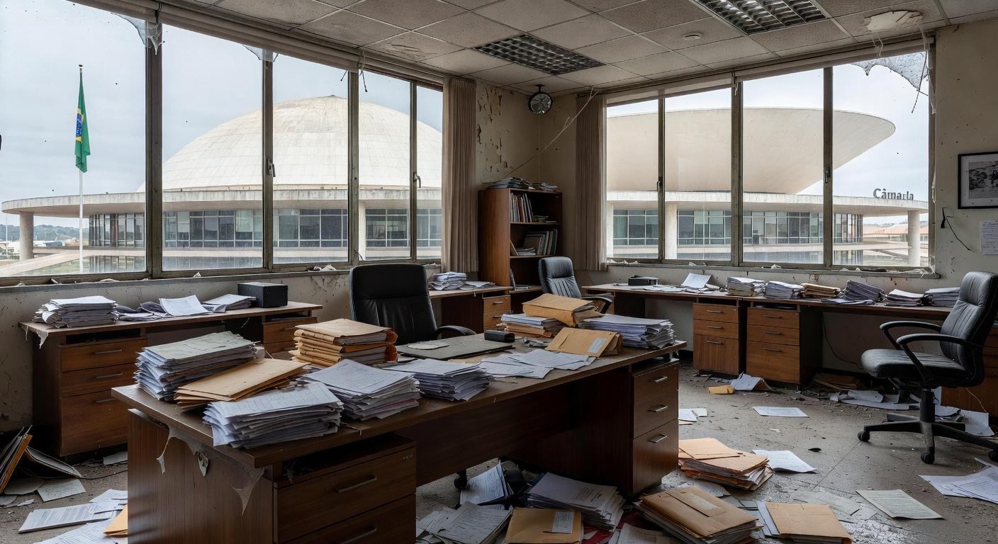 Vista da Câmara Legislativa do DF com documentos espalhados, expondo falhas na proteção a mulheres e idosos.