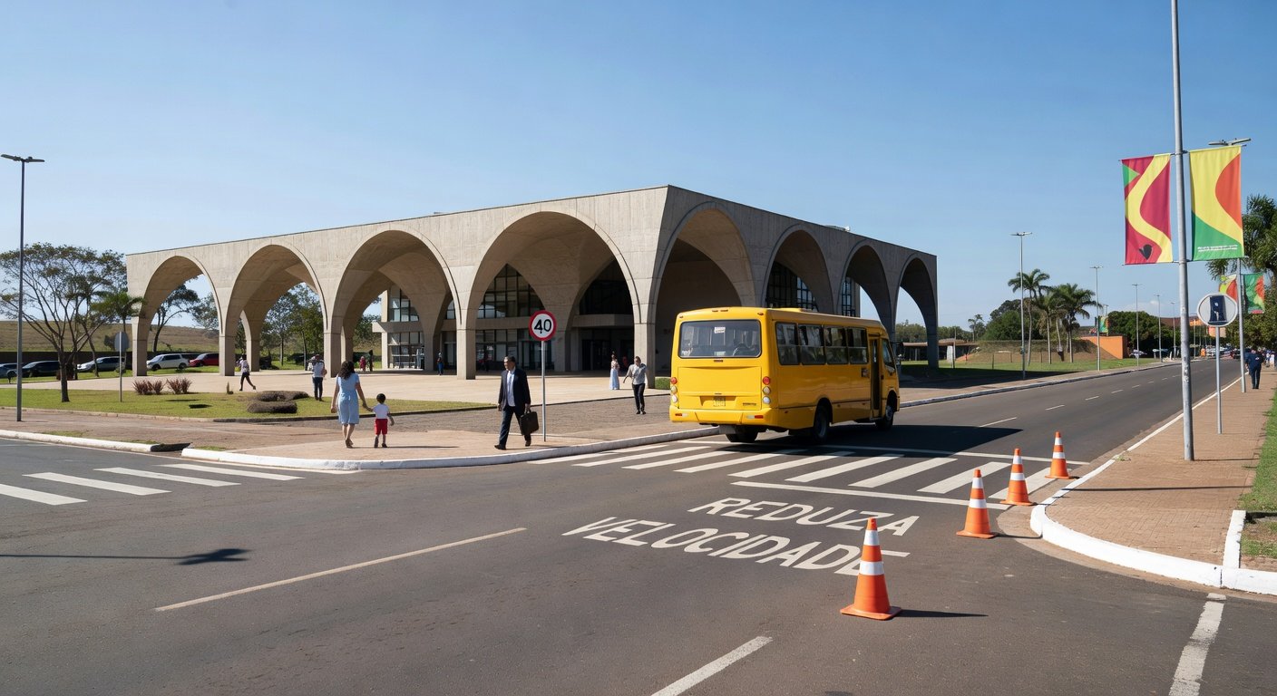 Rua em Brasília com sinalização de trânsito e escola, representando campanha Volta às Aulas 2026 para segurança no DF.