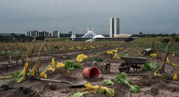 Horta urbana abandonada em Brasília, expondo falhas na agricultura local.