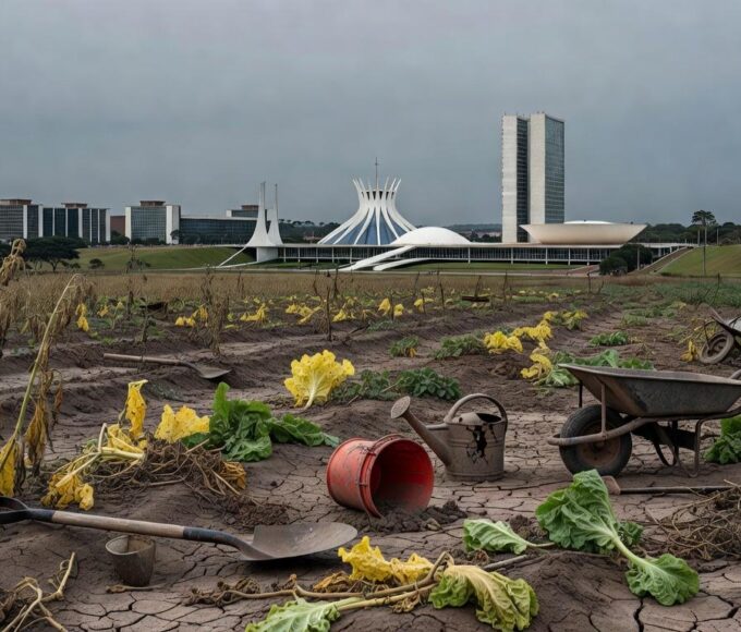 Horta urbana abandonada em Brasília, expondo falhas na agricultura local.