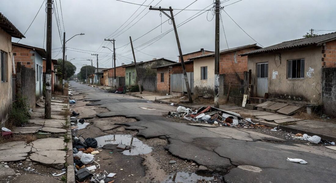 Rua deteriorada em Nova Colina, Brasília, com sinais de negligência crônica como buracos e lixo, representando denúncias em audiência na CLDF.