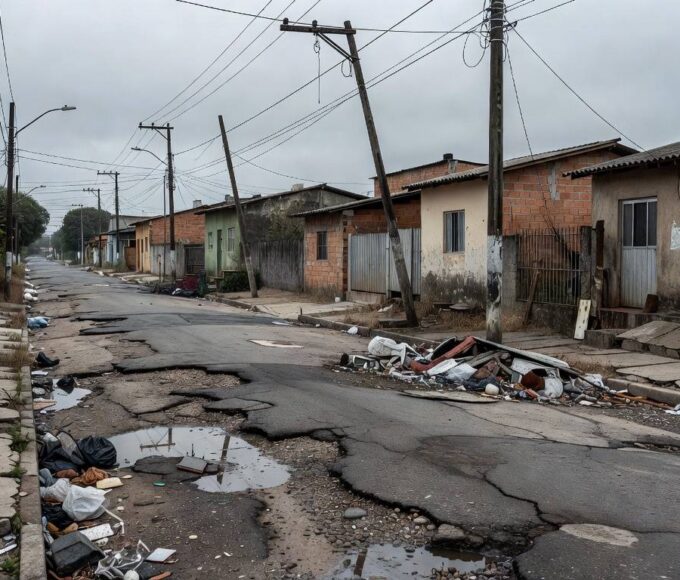 Rua deteriorada em Nova Colina, Brasília, com sinais de negligência crônica como buracos e lixo, representando denúncias em audiência na CLDF.