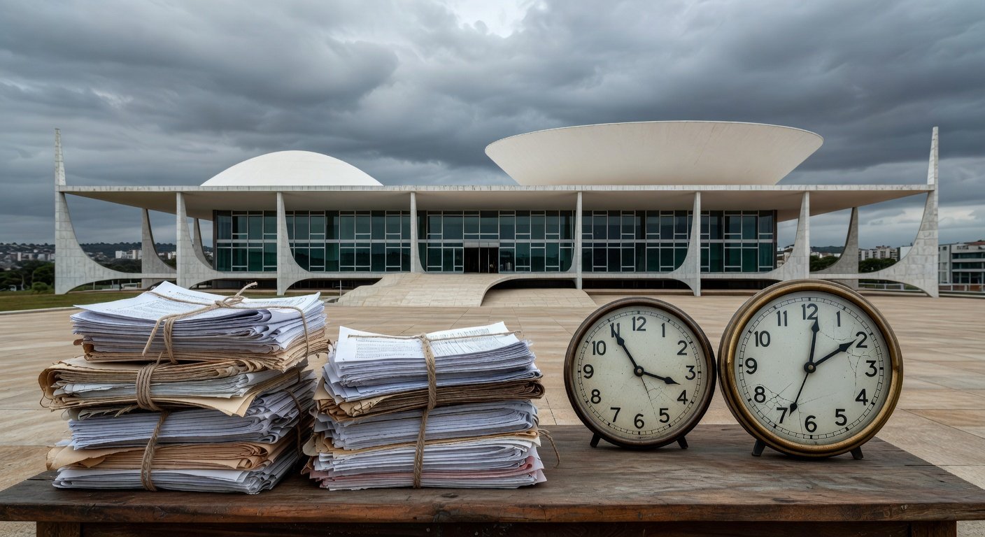 Edifício da Câmara Legislativa do DF em Brasília com símbolos de atrasos em lei contra supremacismo, sob céu nublado.