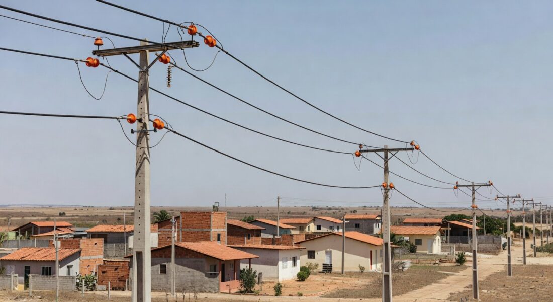Rede elétrica modernizada pela Neoenergia em Sobradinho, com postes e cabos atualizados em bairro residencial.