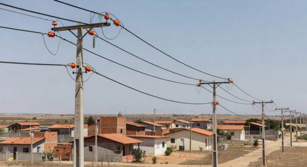 Rede elétrica modernizada pela Neoenergia em Sobradinho, com postes e cabos atualizados em bairro residencial.