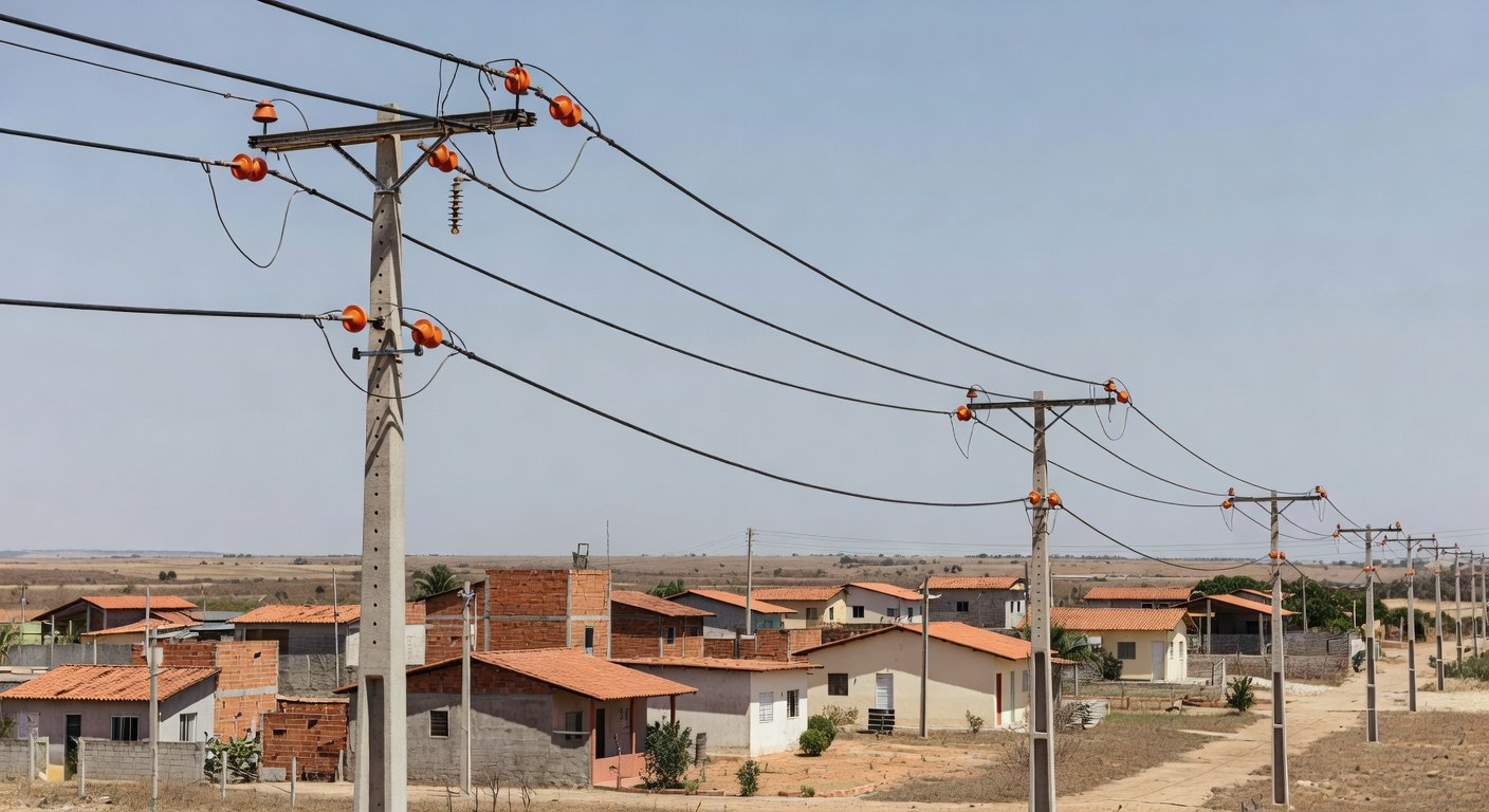 Rede elétrica modernizada pela Neoenergia em Sobradinho, com postes e cabos atualizados em bairro residencial.