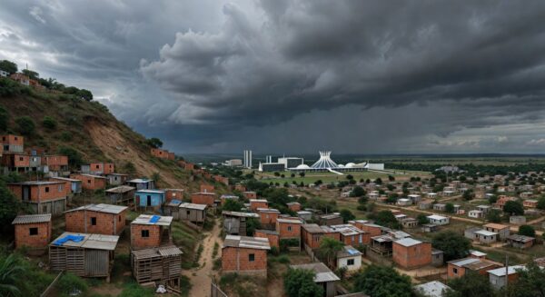 Vista de áreas de risco no Distrito Federal, com moradias precárias em encostas, afetando comunidades locais.